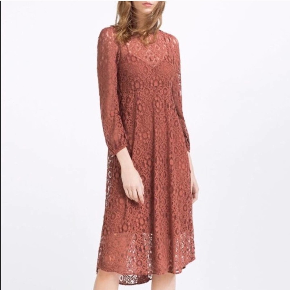 NWT Zara Caramel Brown Pink Lace MIDI Dress